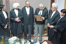 From left: Mr Justice S.N. Aggarwal, Mr Justice Baldev Singh, Mr Justice M. M. Aggarwal, Chief Justice Mr Justice B.K. Roy, Mr Justice Pritam Pal and Mrs Justice Nirmal Yadav after the oath-taking ceremony in the Punjab and Haryana High Court in Chandigarh