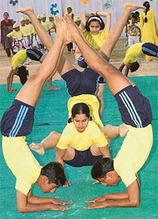 Children perform aerobics at the Sports for all celebrations at Shivalik Public School, Mohali