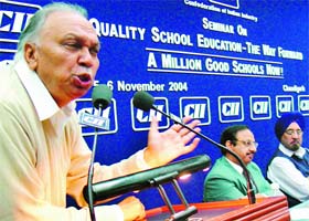 Punjab Finance and Planning Minister Surinder Singla addresses a seminar on "Quality school education --- the way forward" at the CII, in Chandigarh
