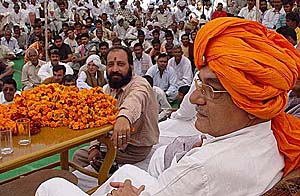Senior Congress leader Bhupinder Singh Hooda addresses a rally at Nilokheri, Karnal, on Saturday.