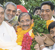 DPCC president Ram Babu Sharma being felicitated at the party office in the Capital on Monday. 