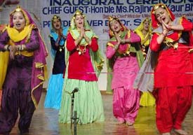 The team of the host college performs “giddha” at the inter-college folk dance competition held on the occasion of the third annual PTU-Inter Zonal Youth Festival at the DAV Institute of Engineering and Technology in Jalandhar on Monday.