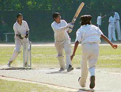 Rajni Ghai of I.S. Dev Samaj Girls Senior Secondary School, Sector 21, plays a shot in a tie of the Junior State Women Cricket Tournament held at MCM DAV College, Sector 36, Chandigarh, on Wednesday. 