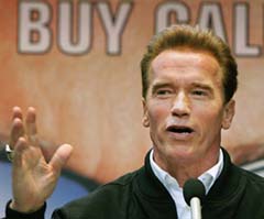 Californian Governor Arnold Schwarzenegger speaks at a California Festival, an event promoting California tourism, in Tokyo