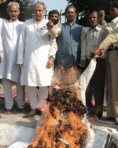 Activists of Loktantrik Samajwadi Party burning the effigy of Prime Minister Dr Manmohan Singh against the hike in prices of diesel, petrol and LPG at Jantar Mantar in the Capital.