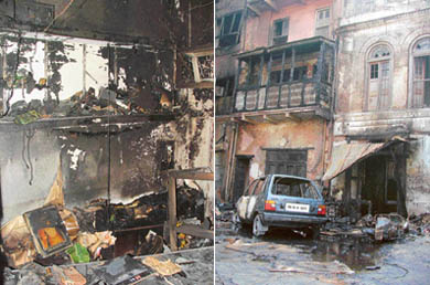 An inside view of the Preet Studio (left) and building and vehicles in Namak Mandi, near Talab Bazar, which were gutted in Ludhiana
