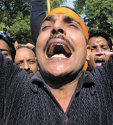 Activists of World Hindu Federation demonstrating against the arrest of Jagadguru Shankracharya Swami Jayendra Saraswati at Jantar Mantar in the Capital 