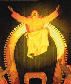 Magician Samraj floats in air during a performance in Mohali on Monday.