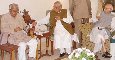Mr George Fernandes, Mr Atal Bihari Vajpayee and the BJP President, Mr L.K. Advani, at an NDA meeting in New Delhi on Monday.