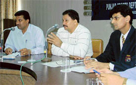 Mr Kartar Singh, Director Sports, Punjab, addresses a press conference in Ludhiana on Monday