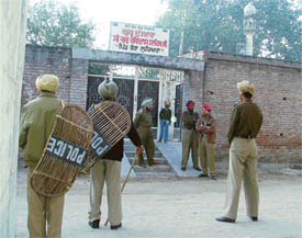 Cops on duty at Bhaura village to prevent any untoward incident in the backdrop of communal tension in the village last week