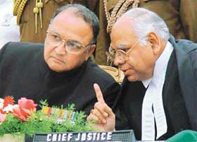 Punjab Governor S.F. Rodrigues (left) with Chief Justice of the Punjab and Haryana High Court B.K. Roy after the swearing-in ceremony at Punjab Raj Bhavan in Chandigarh on Tuesday. 