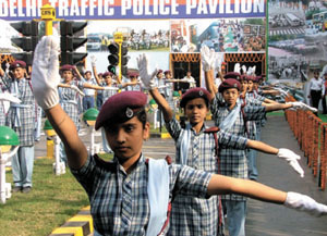 School girls performing traffic drills at the Delhi Traffic Police Pavilion at Pragati Maidan in the Capital on Tuesday. 