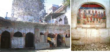A shrine in the walled city being renovated with bathroom tilesand precious frescos near Hindu College have recently been demolished 