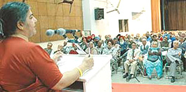 Ms Vandana Shiva gives a lecture on economic freedom for common man, at Lajpat Rai Bhavan, in Chandigarh on Wednesday.