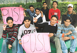 Students of BSc (Hons) School on dharna outside PU VCs office in Chandigarh on Wednesday.