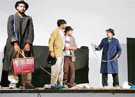 A scene from Waiting for Godot staged at Nehru Sidhant Kender in Ludhiana 