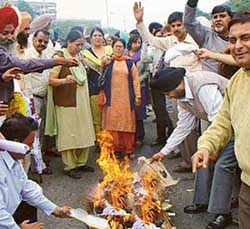 Teachers working in over 160 non-government colleges in Punjab and Chandigarh burn an effigy of the Punjab Government near Matka Chowk in Chandigarh on Wednesday.