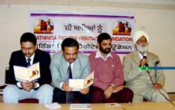 Mr Karam Singh, a historian, speaks at a press conference organised in connection with the first heritage festival to be held on November 27, in Bathinda on Wednesday