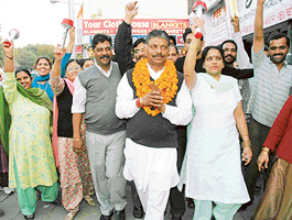 Mr Rajesh Gupta, Independent candidate for Municipal Corporation by election to ward No. 11 campaign in Sector 20 in Chandigarh on Thursday.