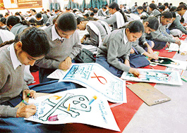 Students of schools take part in an on-the-spot painting competition on the themes of drug abuse, alcohol, tobacco, hiv/aids etc. at Lala Lajpat Rai Bhavan Sector-15, Chandigarh on Thursday.