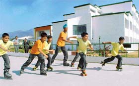 Schoolchildren of Delhi Public School, Himshikha, Pinjore, enjoy at the new skating rink on the campus