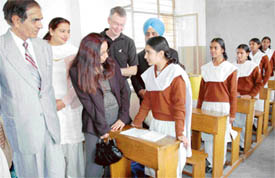 Team from Derby, England, interact with students of R.S. Model School in Ludhiana on Thursday