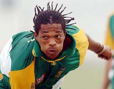 South African pacer Makhaya Ntini in action at the Green Park stadium during net practice