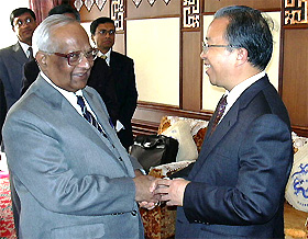 National Security Adviser J.N. Dixit exchanges pleasantries with Chinese Executive Vice-Foreign Minister Dai Bingguo in Beijing on Thursday at the fourth round of boundary talks between India and China