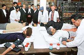 Lawyers donate blood at a camp in Chandigarh on Friday. 