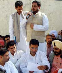 President of the Haryana Youth Congress Satbinder Singh Sandhu addresses a meeting at Chandigarh on Friday
