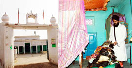 Gurdwara Guptsar Sahib at Himmatpura village (left) and Bhai Nirmal Singh shows burnt "rumalas" and "manji sahib".