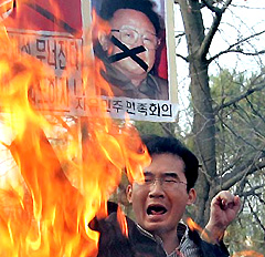 South Korean protesters burn North Korea's national flag and portrait of the leader Kim Jong-il at an anti-Communism rally in Seoul 