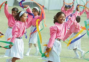 Students of Baptist school, Sector-45, Chandigarh, present cultural programme at annual sports meet of school on Saturday. 