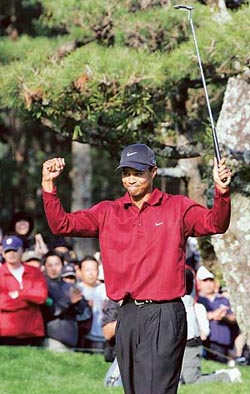 Tiger Woods celebrates after winning the Dunlop Phoenix tournament in Miyazaki, southwestern Japan