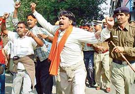 VHP activists of the Chandigarh unit being taken in custody in Sector 17 during their