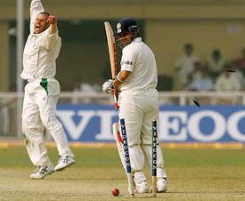 South Africa's Andrew Hall celebrates the dismissal of Indian batsman Sachin Tendulkar