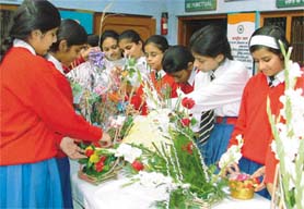 Students of SMD Senior Secondary School arrange flowers for a competition in Ludhiana on Wednesday.