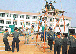 Children of the Scouts and Guide Club display the drill demonstration at the annual sports meet of Mount Carmel School, Sector 47, Chandigarh, on Thursday.