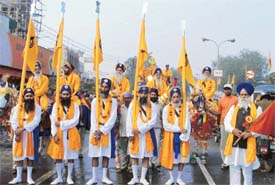 Panj Piaras lead a nagar kirtan on the eve of Parkash Utsav of Guru Nanak Dev in Ludhiana on Thursday
