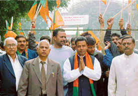 The BJP candidate for the Municipal Corporation byelection, Mr Girdhari Lal Jindal along with senior BJP leaders hold padayatra in Sector 20, Chandigarh, on Friday.