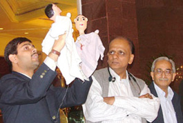 Dr K.K. Aggarwal, prersident, Heart Care Foundation of India and Dr N.K.Sehgal, Chairman, National Organising Committee, Year of Scientific Awareness, watching a puppet show during a press conference in the Capital. 