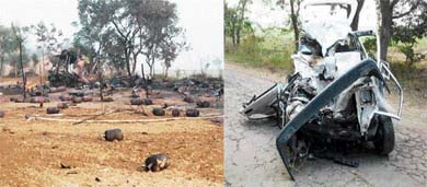 Mangled car and scattered LPG cylinders after a truck and the car collided near Shergarh Cheema village on the Raikot-Malerkotla road