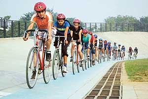Cyclists during training at the PAU velodrome in Ludhiana on Saturday. 