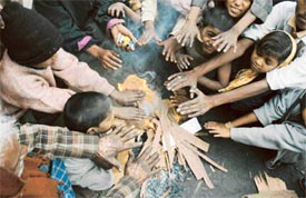  Dipping temperatures and a thick cloak of fog in Ludhiana makes this group of labourers seek warmth from a small fire on Sunday