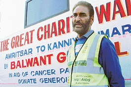 Mr Balwant S. Grewal (Bobby), who has undertaken to walk from Amritsar to Kanyakumari to raise one million pounds for cancer and AIDS research at the Chandigarh Club on Sunday. 