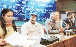(From left) Ms Rozy Veid, Kumar Suresh Singh, Prof K.G. Iyer and Mr Masood Ali Khan at a workshop on empowerment of Dalits and women at ICSSR complex on Monday. 