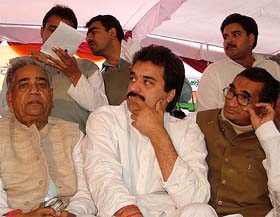 Congress MP Kuldeep Bishnoi at a public meeting in Uklana Mandi, about 60 km from Hisar