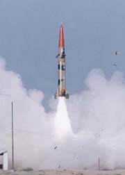 Pakistans surface-to-surface solid-fuel missile Hatf-III Ghaznavi takes off from an undisclosed location on Monday. 