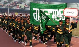 The Gurdaspur contingent during the marchpast ceremony at the Punjab State Inter-District Primary Schools Sports Meet in Ludhiana on Monday